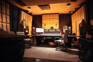 Interior of a recording studio with professional equipment. Selective focus, Professional studio recording booth, AI Generated photo