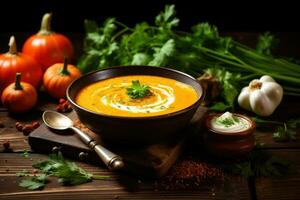 Pumpkin soup with cream and spices on a dark wooden background, Pumpkin and carrot soup with cream and parsley on dark wooden background, AI Generated photo