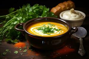 calabaza sopa con crema y perejil en un oscuro de madera fondo, calabaza y Zanahoria sopa con crema y perejil en oscuro de madera fondo, ai generado foto