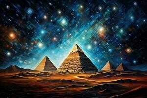 Fantasy landscape with pyramids and stars in the night sky, Pyramids in the desert at night time. Starry sky, milky way. Abstract picture in the style of post-impressionism, AI Generated photo