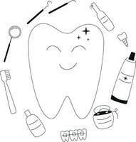 a tooth with a smile and other dental items vector