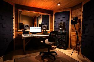 interior de un grabación estudio con profesional equipo y Encendiendo equipo, profesional estudio grabación puesto, ai generado foto