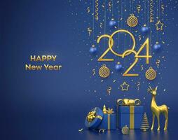 Happy New Year 2024. Hanging golden metallic numbers 2024 with stars, balls and snowflake on blue background. Gold deer, gift boxes, metallic pine or fir, cone shape spruce trees. Vector illustration.