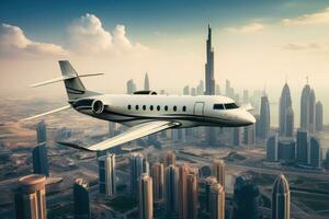 Commercial airplane flying over the city. 3D Rendering and illustration, Private jet plane flying above Dubai city, AI Generated photo