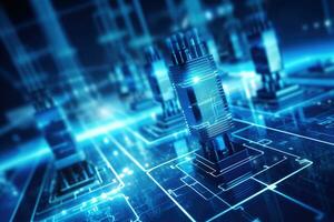 3d representación de circuito tablero con microchips en azul fondo, poder apoyos en el digital antecedentes. energía conexiones concepto. bajo ángulo vista, ai generado foto