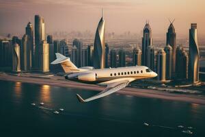 comercial avión volador terminado rascacielos en Dubái, unido árabe emiratos, privado chorro avión volador encima dubai ciudad, ai generado foto
