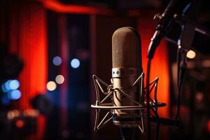 Microphone on stage in the recording studio. On a dark background, Professional microphone in the recording studio, AI Generated photo