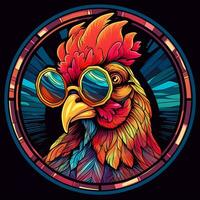 A Funny Chicken in a Stained Glass Circle Shape Window Design photo