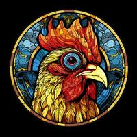 A Funny Chicken in a Stained Glass Circle Shape Window Design photo