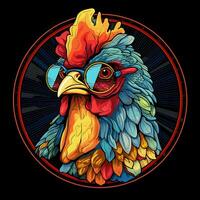 A Funny Chicken in a Stained Glass Circle Shape Window Design photo