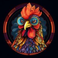 A Funny Chicken in a Stained Glass Circle Shape Window Design photo