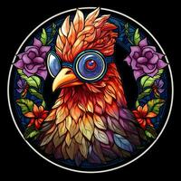 A Funny Chicken in a Stained Glass Circle Shape Window Design photo