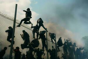 Migrants climb over border fence with fire smoke. Generate Ai photo