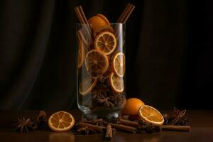 Oranges cinnamon vase on wooden table. Generate Ai photo