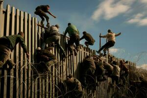 Migrants climb over border fence traffic. Generate Ai photo