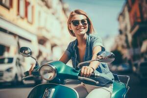 Smiling woman riding scooter with sunglasses. Generate Ai photo