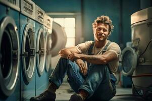 Smiling repairman washing machine at morning. Generate Ai photo