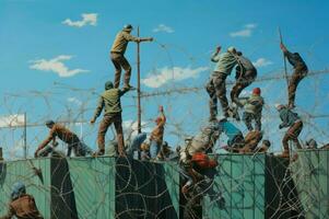 Migrants climb over border fence on cargo container. Generate Ai photo