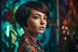 Beautiful young brunette woman with short hairstyle. Generate ai photo