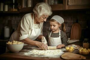 Grandmother teaching granddaughter make pasta at home. Generate Ai photo