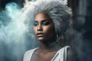 Afro girl grey hair studio portrait. Generate Ai photo