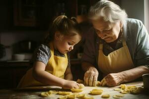 Grandmother teaching granddaughter make pasta at morning. Generate Ai photo