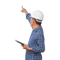 retour vue de ingénieur homme, contremaître dans casque avec tablette à construction site png