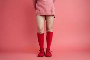 cosecha mujer con rojo calcetines paso tendencia. generar ai foto