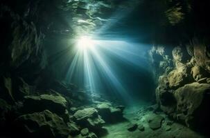Dramatic underwater cave sunlight shining rocks. Generate Ai photo