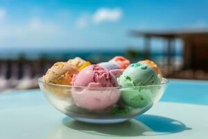 Glass bowl with colorful ice cream balls. Generate ai photo