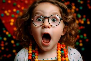 Funny cute little girl with glasses colorful background. Generate Ai photo