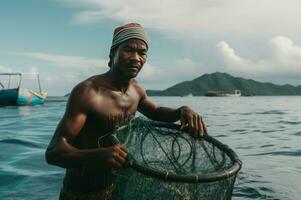 Fishing fisherman holds net basket. Generate Ai photo