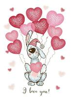 un San Valentín día tarjeta. linda conejito con globos en el forma de un corazón. vector. vector