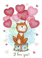 una tarjeta de san valentin. lindo gato con globos en forma de corazones y un regalo. vector. vector