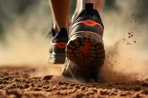 corredor pies corriendo en arena pista de cerca. deporte y sano estilo de vida concepto, posterior ver de cerca deporte zapato de corredor en corriendo en sendero con polvo, ai generado foto