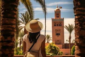 espalda ver de asiático mujer vistiendo sombrero mirando a mezquita en Marruecos, posterior ver de un mujer mirando a koutoubia mezquita minarete-turismo en marrakech, Marruecos, ai generado foto