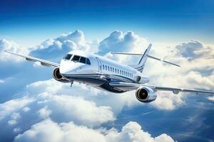 Commercial airplane flying in the blue sky with clouds. 3d rendering, Private jet flying over the earth. Empty blue sky with white clouds at background, AI Generated photo
