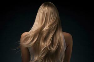 Blonde woman with long hair on dark background. Back view, rear view of a Beautiful woman with long straight hair. Blond girl, AI Generated photo
