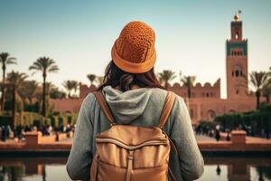posterior ver de un joven mujer con un mochila y un sombrero en pie en frente de el koutoubia mezquita en Marrakech, Marruecos, posterior ver de un mujer mirando a koutoubia mezquita minarete-turismo, ai generado foto