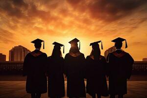 Silhouette of Graduates in Graduation Ceremony. Education Concept, rear perspective of a group of university graduates, their silhouettes distinct against the backdrop, AI Generated photo