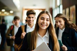 retrato de un grupo de estudiantes en pie en un corredor a escuela, retrato de contento joven estudiantes, ai generado foto