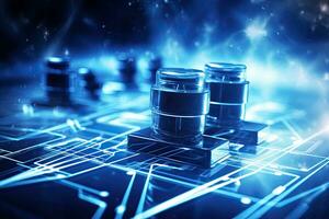 Close-up of electronic circuit on blue background. 3d rendering, Power supports on the digital background. Energy connections concept. Low angle view, AI Generated photo