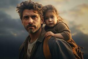 Young father with his little daughter on the sunset background. Family concept, Portrait of young father carrying his daughter on his back, AI Generated photo