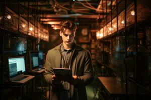 Handsome young man with a tablet computer in a dark room, portrait of young man with laptop standing by server , AI Generated photo