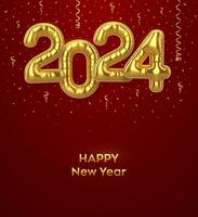 Happy New 2024 Year. Golden foil balloon numbers on red background. High detailed 3D realistic gold foil helium balloons. Merry Christmas and Happy New Year 2024 greeting card. Vector illustration.