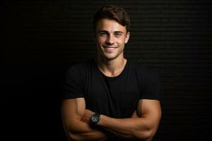 Portrait of a handsome young man on a black background with his arms crossed, Portrait of handsome smiling young man with folded arms, AI Generated photo