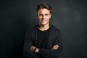 Portrait of a handsome young man with arms crossed on black background, Portrait of handsome smiling young man with folded arms, AI Generated photo