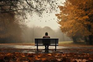 hombre sentado en un banco en el otoño parque y mirando dentro el distancia, posterior ver de un solitario persona sentado en un banco en un otoño parque con arboles y malo clima, ai generado foto