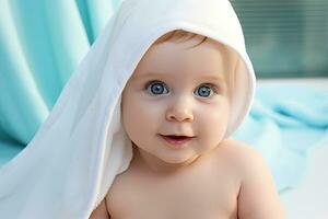 portrait of a cute baby with blue eyes and a white towel on his head, Portrait of adorable baby with blue eyes in towel after bath, AI Generated photo