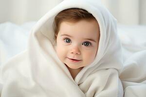 retrato de un linda pequeño niña envuelto en un blanco frazada, retrato de un linda bebé debajo un blanco cobija en un ligero fondo, ai generado foto